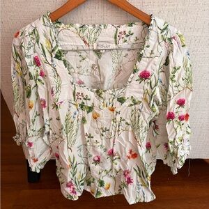 Rachel Zoe White Floral Peasant Blouse - Pink, Green & Yellow Accents
